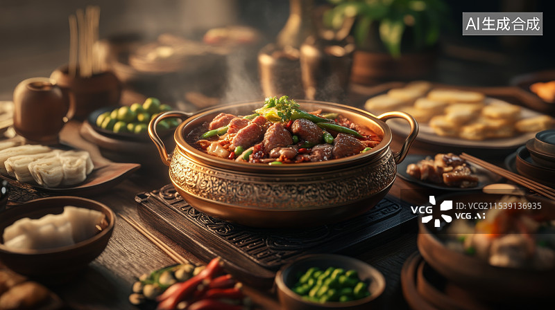 【AI数字艺术】丰盛的中国传统美食，除夕年夜饭，年夜饭，团圆饭图片素材