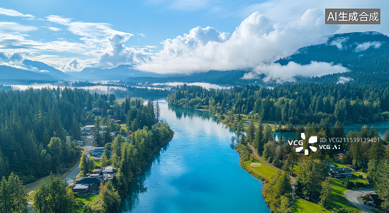 【AI数字艺术】一幅宁静的自然景观，从高空俯瞰一个被薄雾笼罩的湖泊和周围的森林。湖水清澈，反射着天空的颜色图片素材