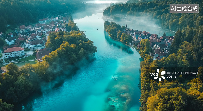【AI数字艺术】一幅宁静的自然景观，从高空俯瞰一个被薄雾笼罩的湖泊和周围的森林。湖水清澈，反射着天空的颜色图片素材