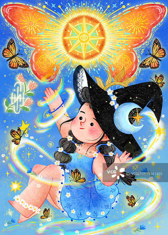 小魔女的太阳魔法清新可爱儿童插画图片素材