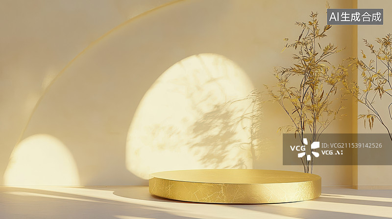 【AI数字艺术】极简暖黄色光影圆形舞台电商产品展示台素材图片素材
