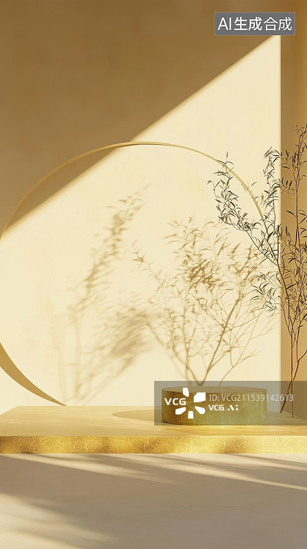 【AI数字艺术】极简暖黄色光影圆形舞台电商产品展示台素材图片素材
