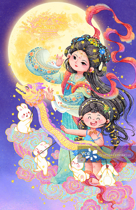 中秋节嫦娥奔月可爱国风插画图片素材