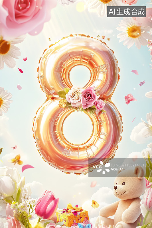 【AI数字艺术】鲜花背景数字8图片素材