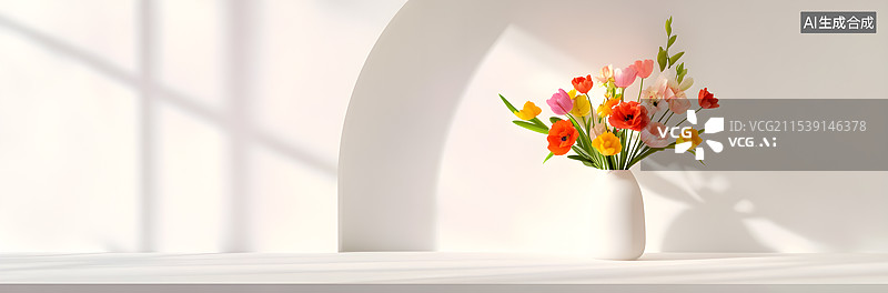 【AI数字艺术】插着鲜花的白色花瓶在白色的有拱形结构的前图片素材