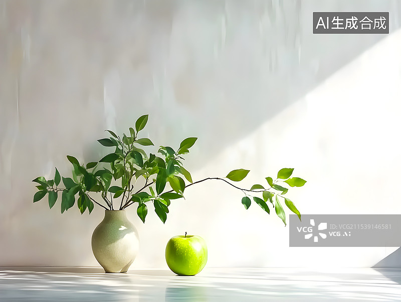 【AI数字艺术】插着绿色植物的花瓶和柠檬在光影墙壁前图片素材