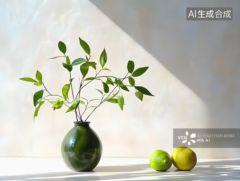 【AI数字艺术】插着绿色植物的花瓶和柠檬在光影墙壁前图片素材