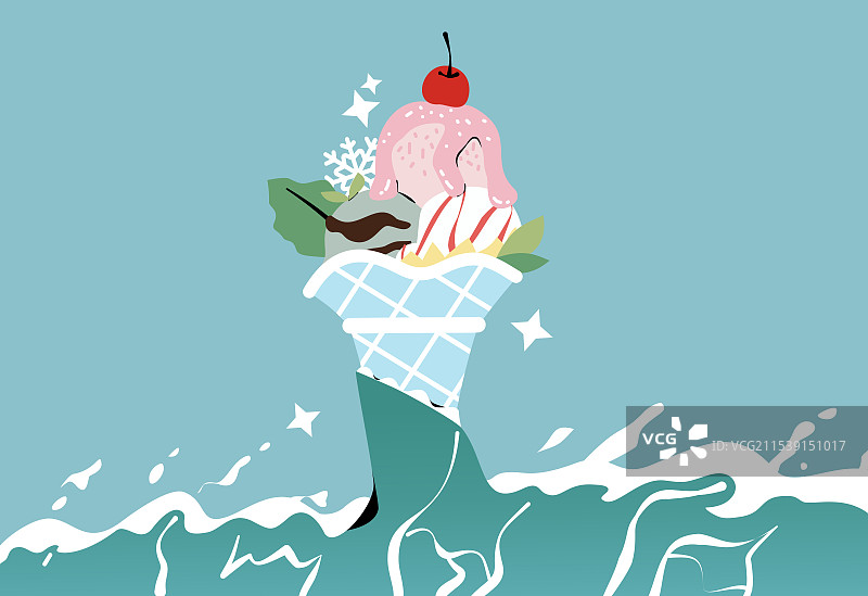 海浪包裹着冰淇淋的夏日清新幻想图片素材