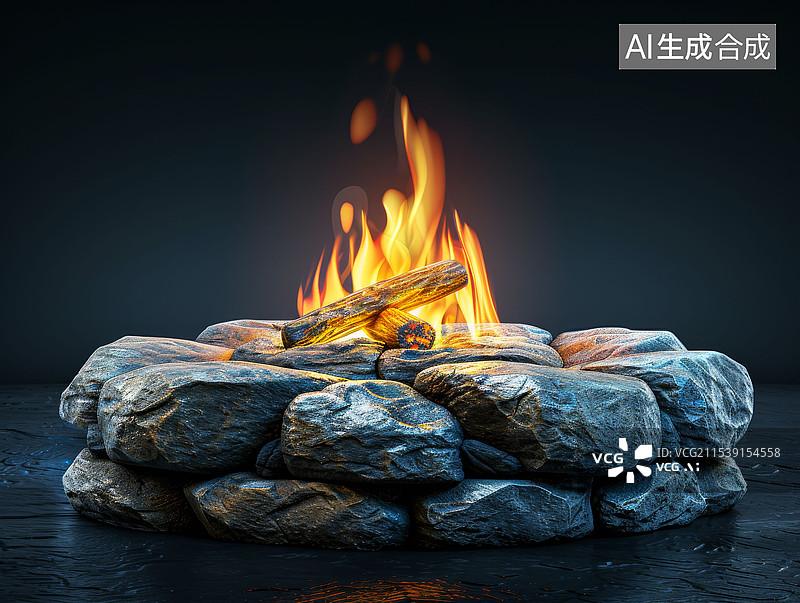 【AI数字艺术】营火周围的石头堆在夜晚闪烁的火焰中散发温暖和光芒图片素材