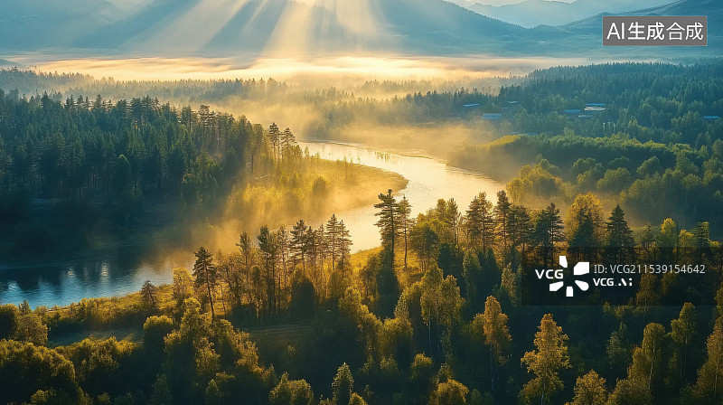【AI数字艺术】迷雾森林云海云雾河流自然林海风景图片素材