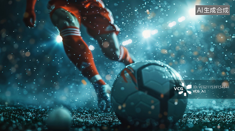 【AI数字艺术】雨中球场上的足球运动员持球奔跑 展现出激情与力量图片素材