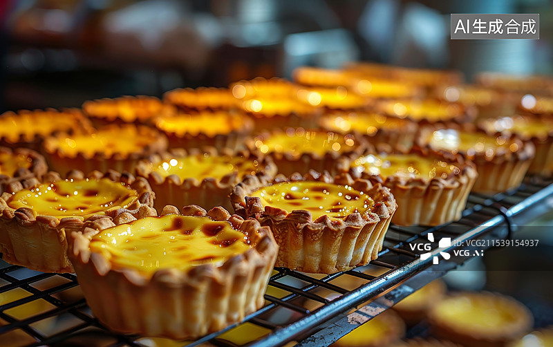 【AI数字艺术】新鲜出炉的蛋挞在烘焙架上散发诱人香气图片素材
