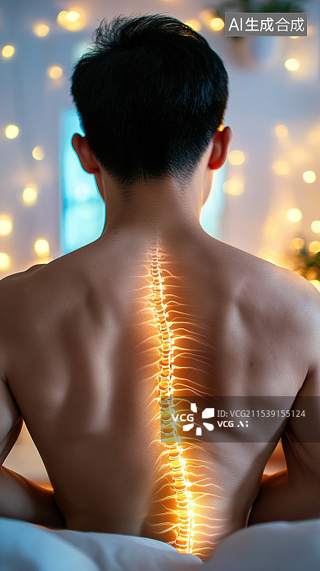 【AI数字艺术】高亮显示一位男子背部脊椎疼痛的医学数字合成图图片素材