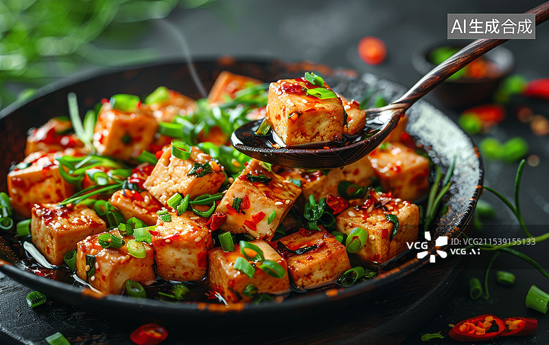 【AI数字艺术】麻婆豆腐锅的美味诱惑浓郁的香气萦绕在碗边图片素材