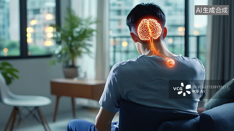 【AI数字艺术】高亮显示一位男子脑部疼痛的数字合成图图片素材