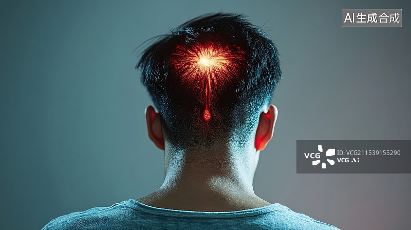 【AI数字艺术】高亮显示一位男子脑部疼痛的数字合成图图片素材