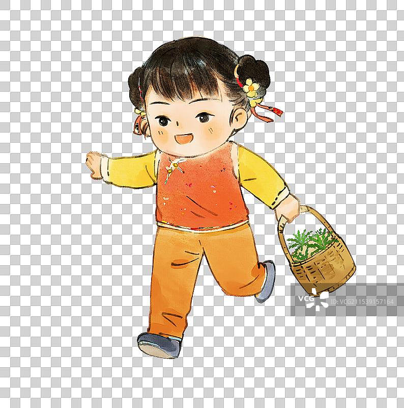 提着一篮子荠菜的小女孩图片素材