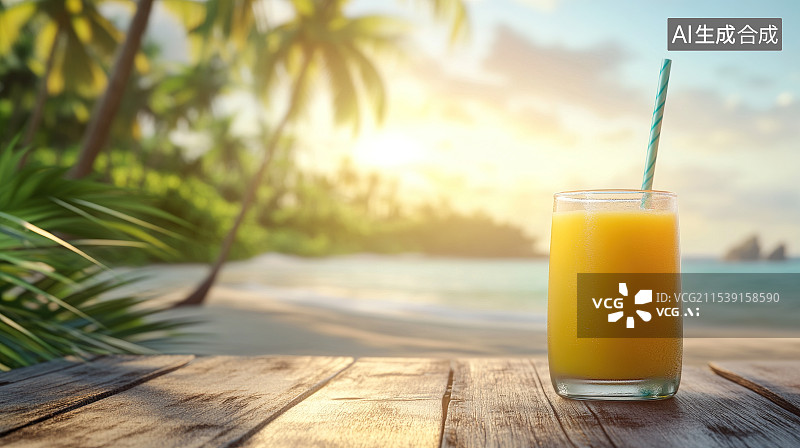 【AI数字艺术】夏天海滩棕榈树背景前的菠萝汁冷饮图片素材