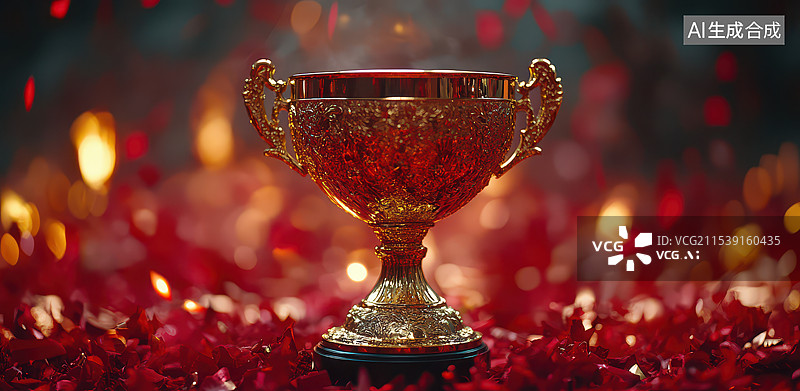 【AI数字艺术】冠军奖杯红色飘带庆祝图片素材