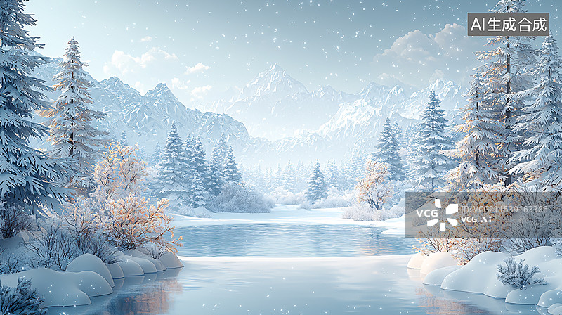 【AI数字艺术】宁静而寒冷的冬季雪景，森林，丛林，冬日，冬季，冬雪，雪山图片素材