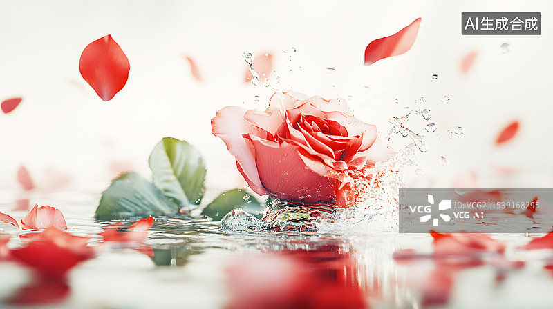 【AI数字艺术】AIGC：水中的玫瑰花和飞溅的水珠花瓣 背景插图图片素材