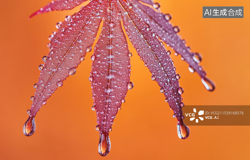 【AI数字艺术】红色枫叶上水珠的特写图片素材