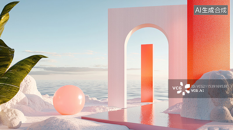 【AI数字艺术】3D高级感人造空间产品展台拱门天空海洋写实格调光影静物植物极简时尚电商梦幻几何背景图片素材