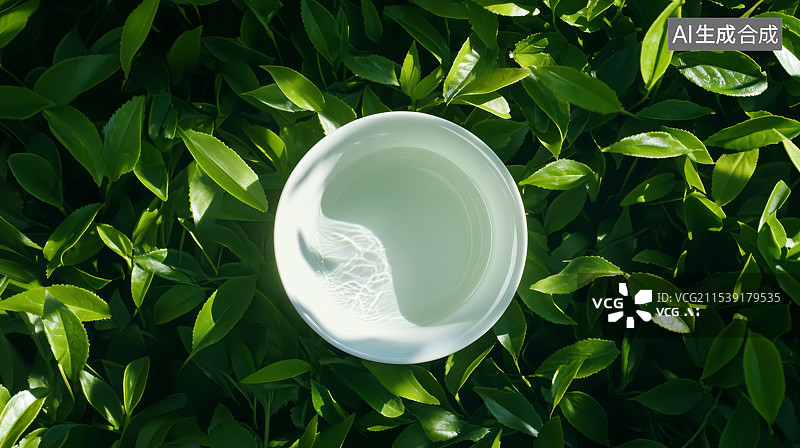 【AI数字艺术】绿色的茶叶和茶杯俯视图图片素材