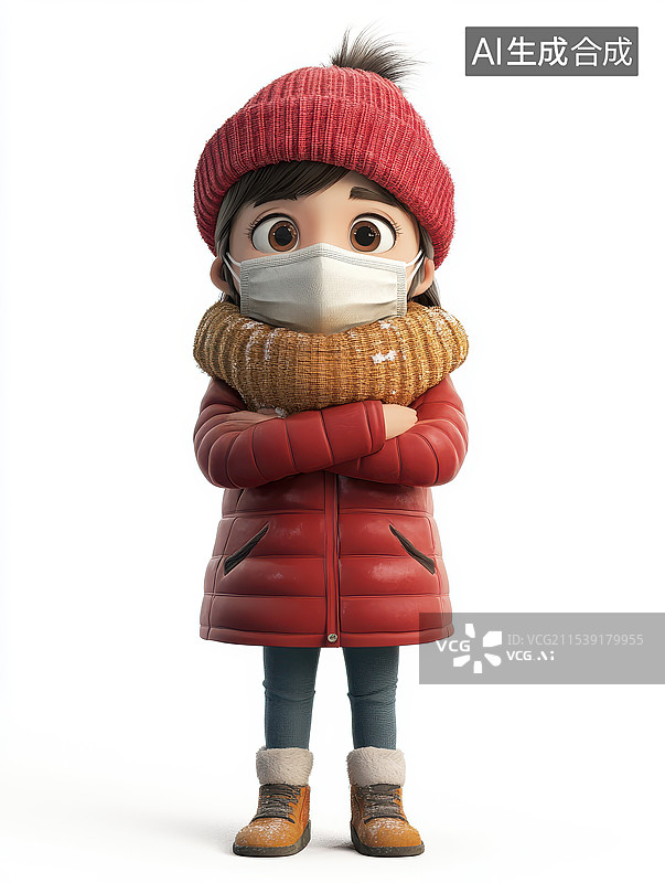 【AI数字艺术】3D卡通人物元素小女孩感冒戴口罩生病图片素材
