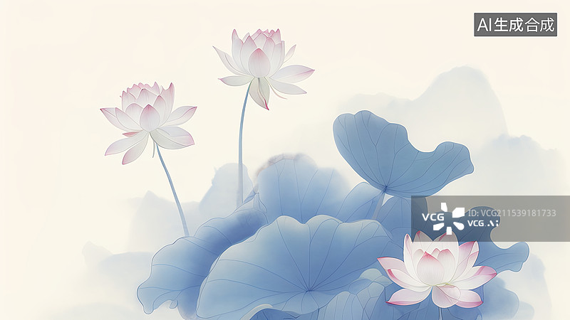 【AI数字艺术】中国传统文化荷花主题彩色水墨画背景图图片素材