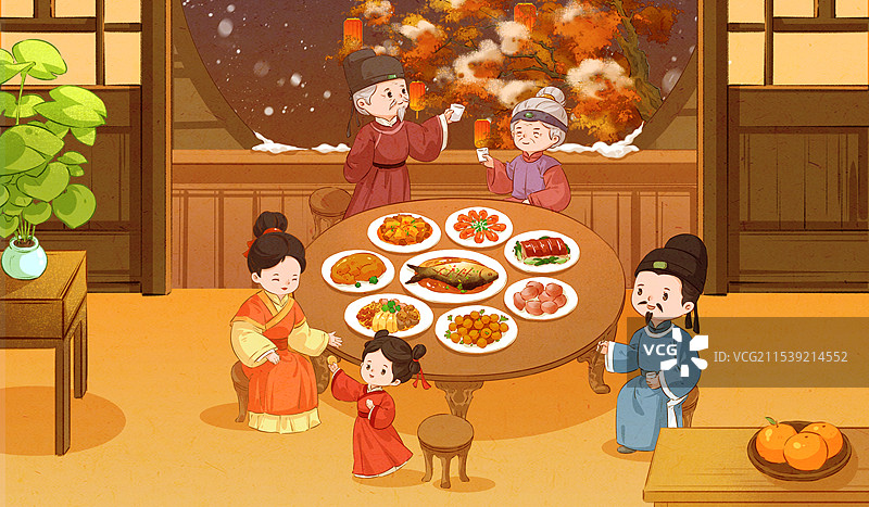 中国风大年三十团圆夜贺新岁年俗插画图片素材