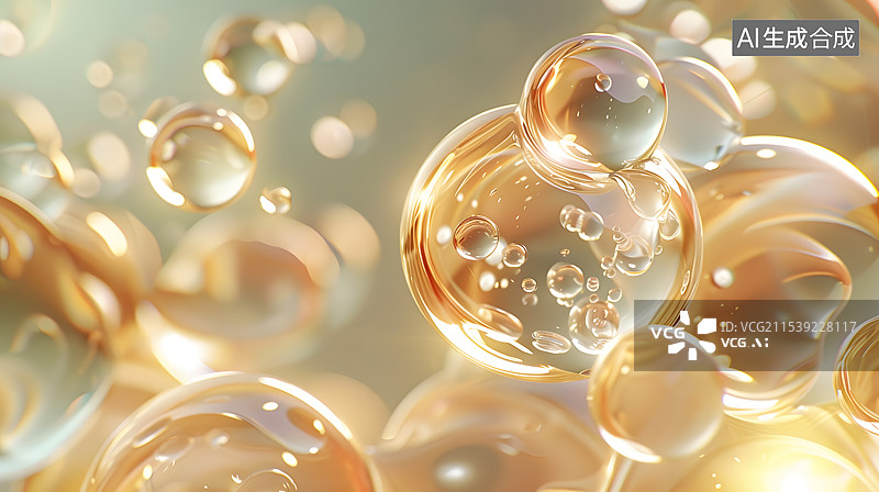 【AI数字艺术】3D渲染金色液体化妆油精华与分子液体滴在背景图片素材