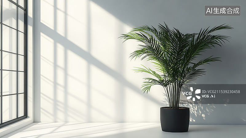 【AI数字艺术】极简主义现代建筑内部光影绿植图片素材