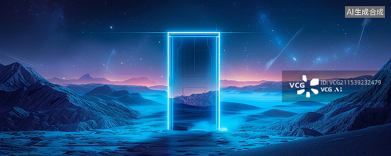 【AI数字艺术】梦幻星空下的沙漠科技之门背景图片素材