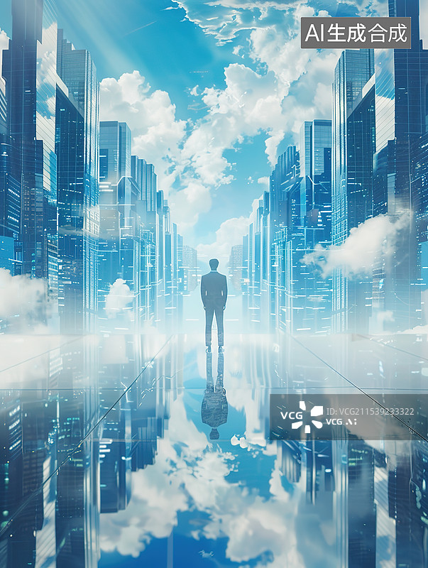 【AI数字艺术】城市高楼背景下身穿正装的男性商人后视图图片素材