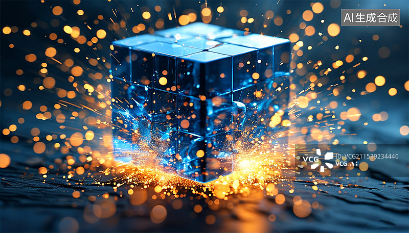 【AI数字艺术】蓝色透明大数据能量魔方图片素材