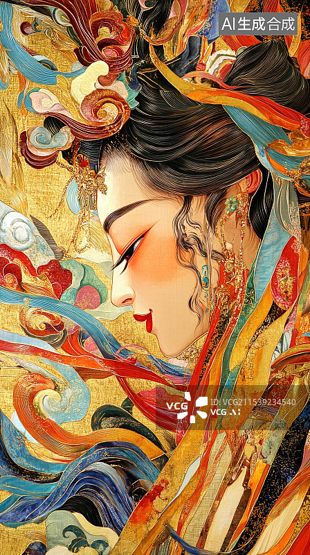 【AI数字艺术】中国唐代敦煌岩彩画风格飞天仕女插画图片素材