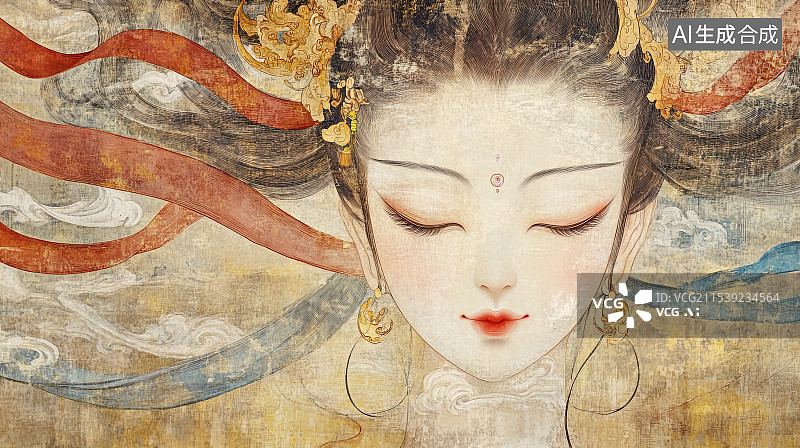 【AI数字艺术】中国唐代敦煌岩彩画风格飞天仕女插画图片素材