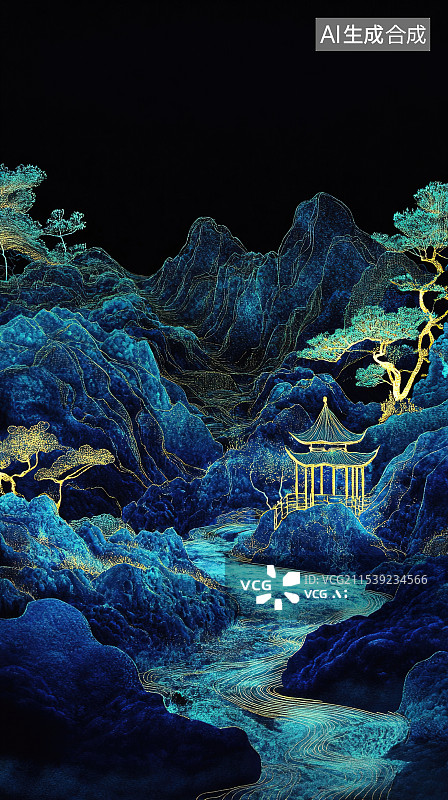 【AI数字艺术】新中式中国刺绣风格亭台楼阁山水画图片素材