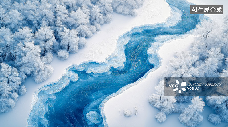 【AI数字艺术】航拍冬天雪后森林中的河流图片素材