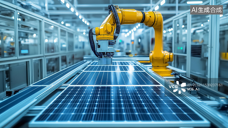 【AI数字艺术】自动机械臂太阳能板生产线图片素材