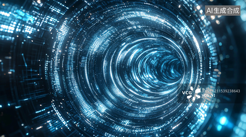 【AI数字艺术】蓝色数字化隧道与光线流动图片素材