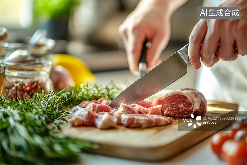 【AI数字艺术】厨房里切割新鲜肉类图片素材