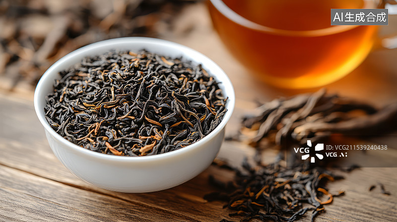 【AI数字艺术】桌面上装满红茶茶叶的茶杯，茶道概念图片素材