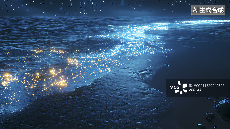 【AI数字艺术】数码科技月光和发光海水海滩插画海报背景图片素材