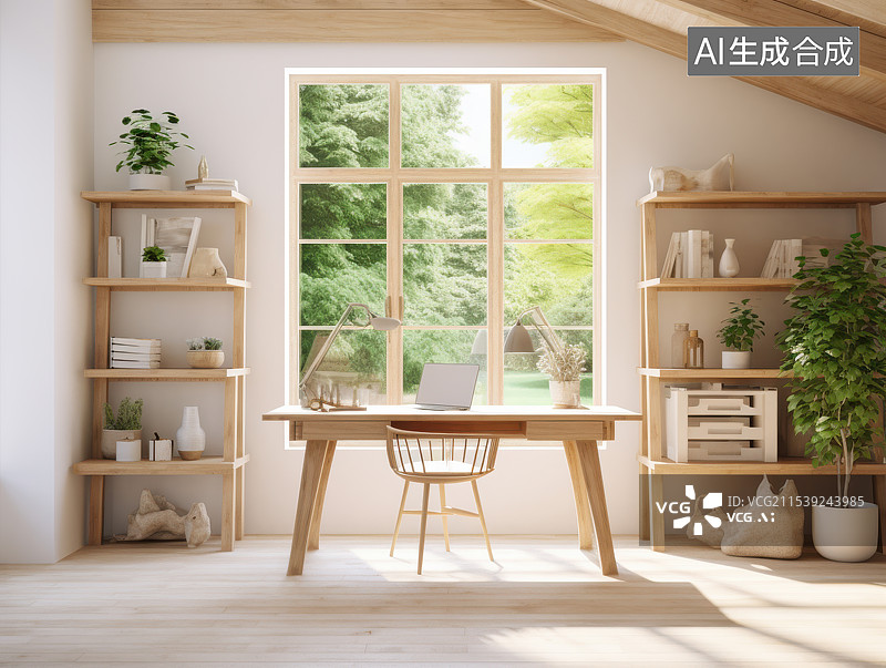 【AI数字艺术】简约现代办公空间，阳光洒满的治愈系工作室图片素材