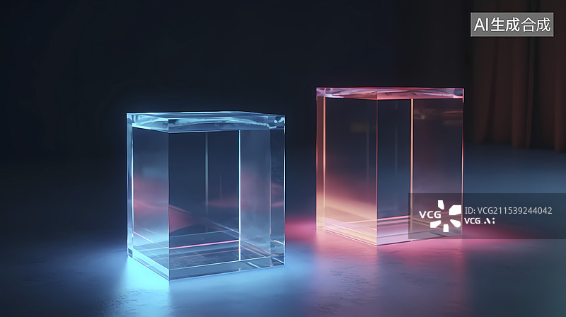 【AI数字艺术】数码科技彩虹渐变玻璃立方体插画海报背景图片素材