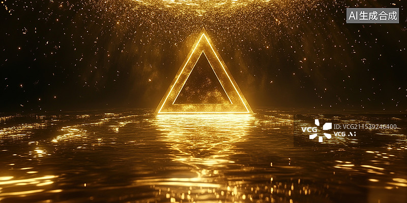 【AI数字艺术】辉煌金波：抽象舞台设计与燃烧火炬和倾泻粒子抽象艺术舞台年会背景墙冲击视觉艺术图片素材