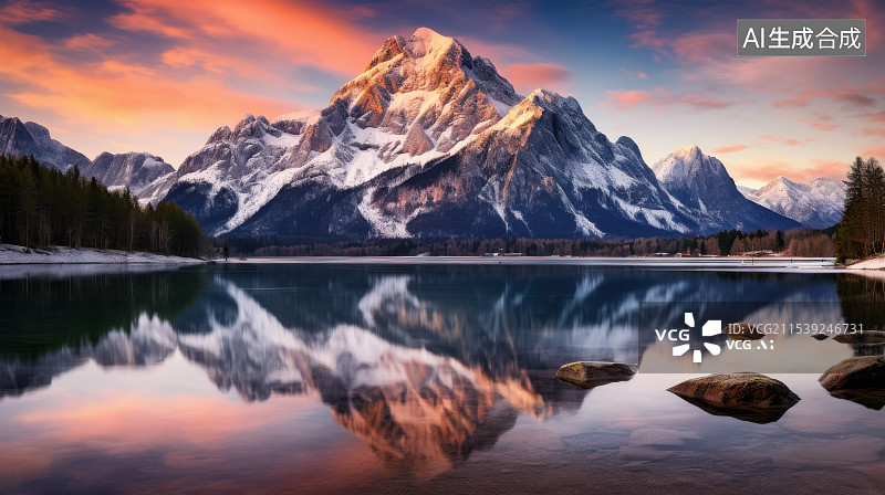 【AI数字艺术】金色山湖日落，秋色山峦倒影图片素材