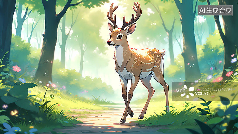 【AI数字艺术】春天树林中的麋鹿插画图片素材